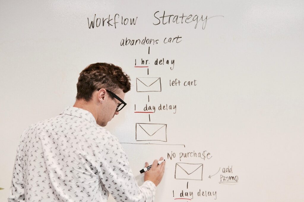 a person creating business workflow to setup automation and tracking