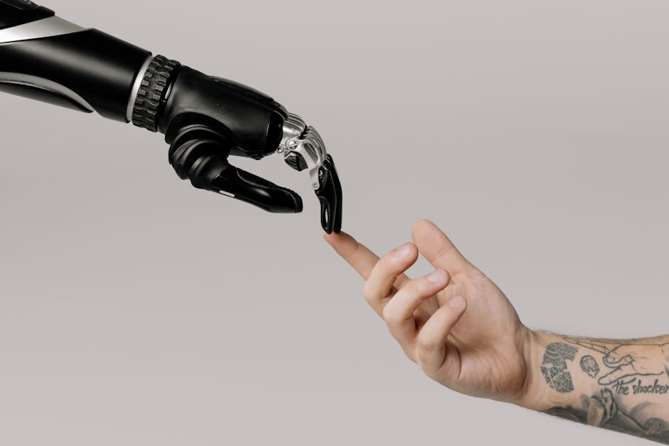 a robot and human working together as an automation symbolizing automated services