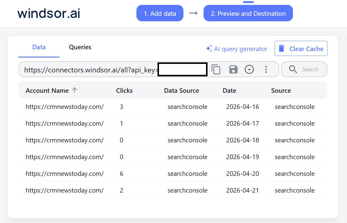 Google Search Console data flowing into Windsor with no API key needed for Claude