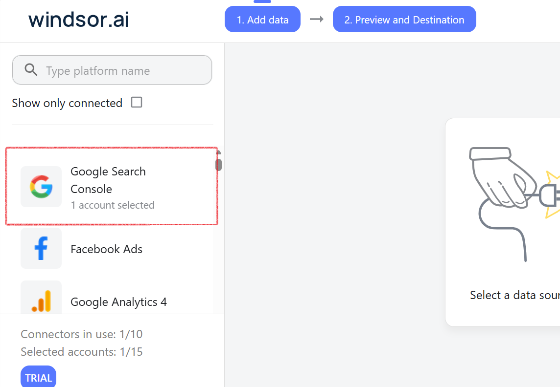 Open Windsor and click Search Console to start the connection from the Windsor dashboard
