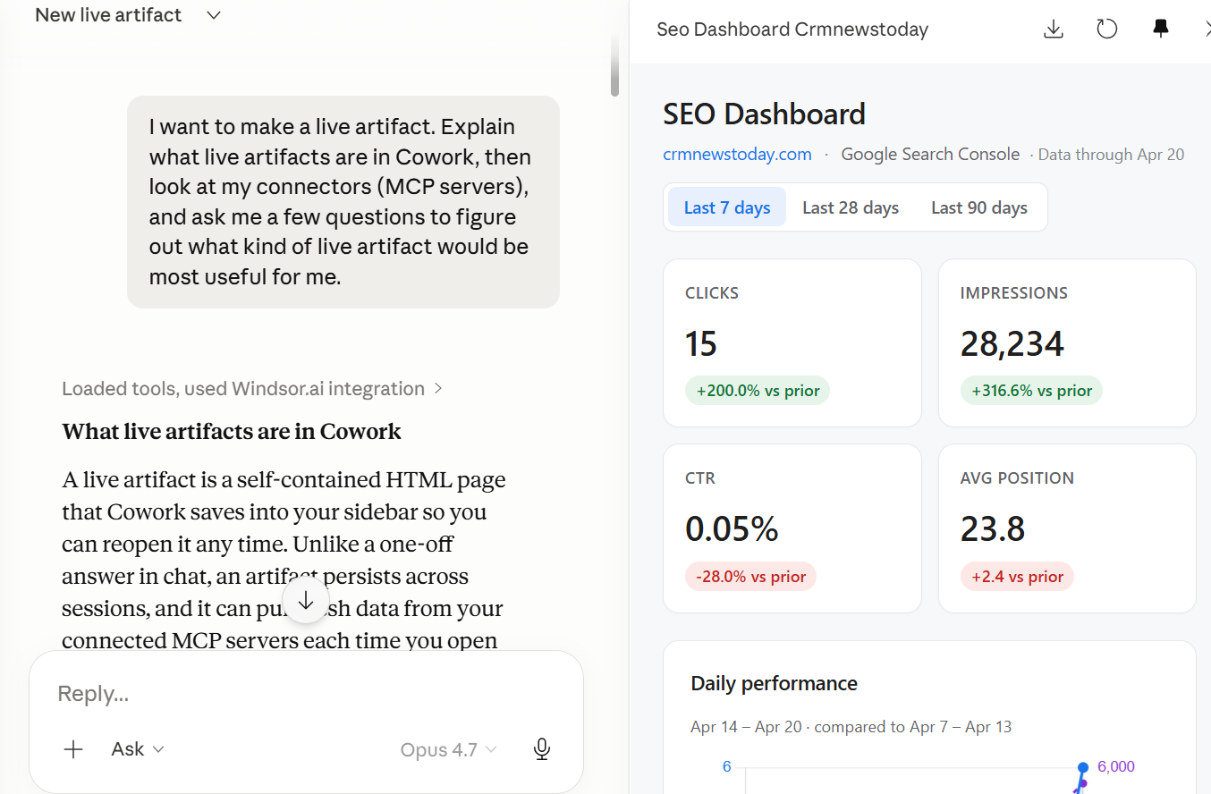 Our exact Claude Cowork prompt to create a live artifact pulling Search Console data from Windsor