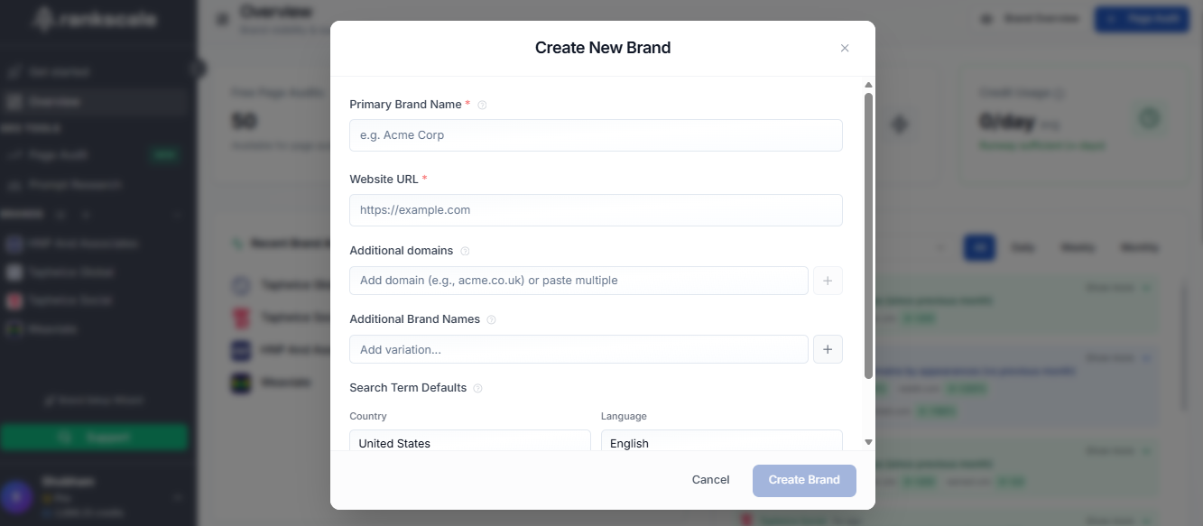 Rankscale Create New Brand form