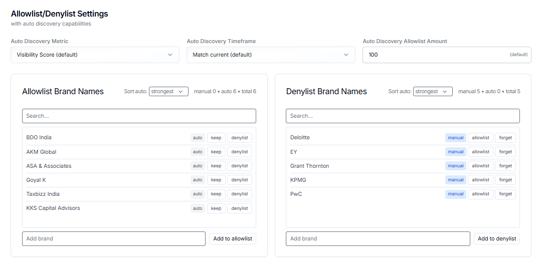 Rankscale Allowlist and Denylist settings for managing competitor brands