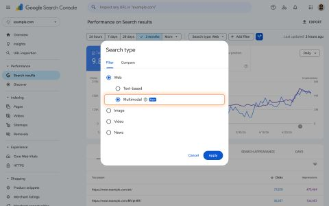 Google Search Console's new multimodal search type filter, shown as a New option in the Search type dropdown