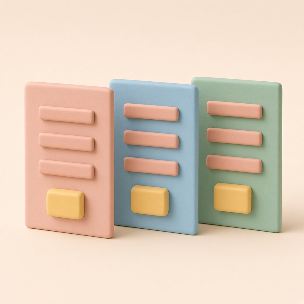 Three clay page cards standing in a row