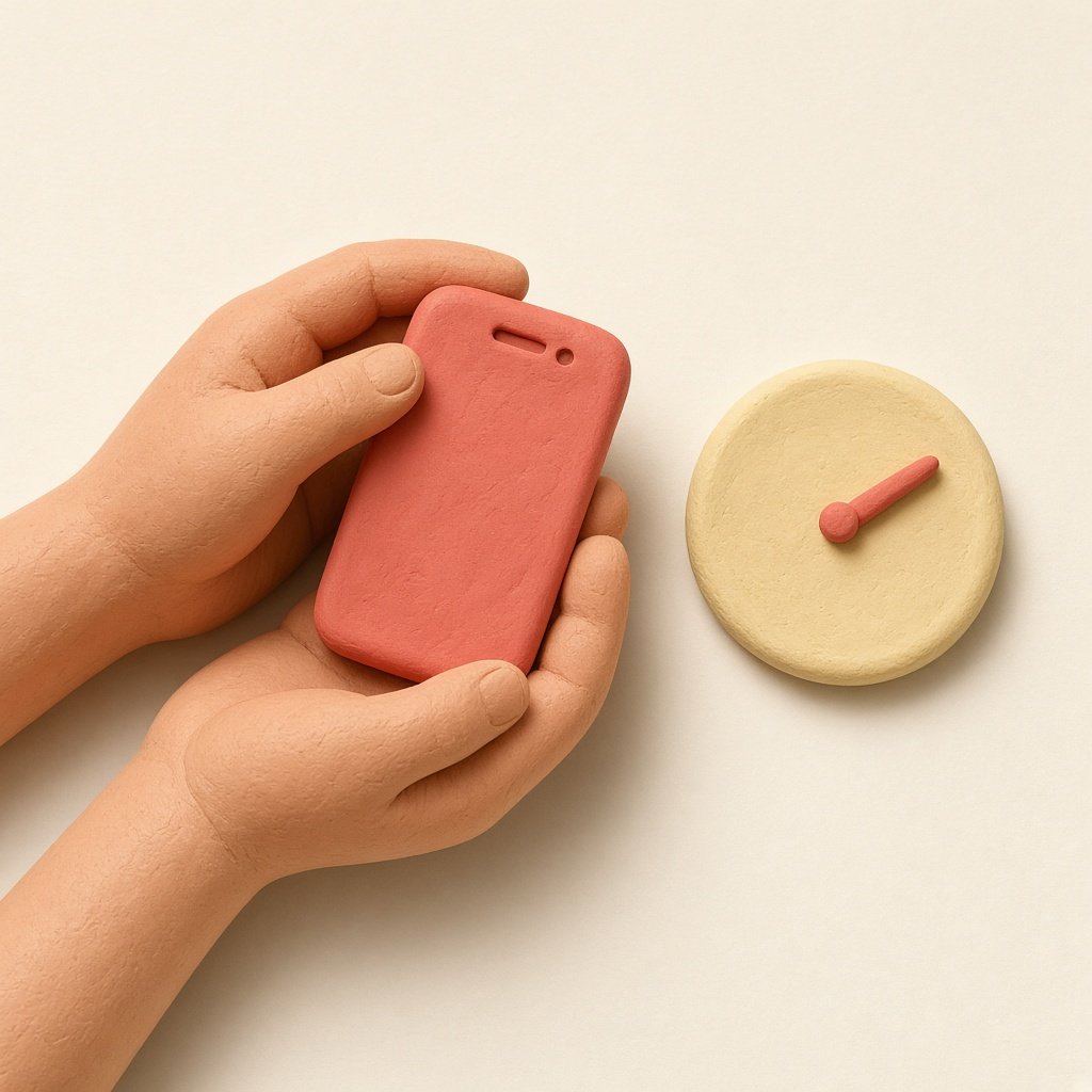 Clay hands holding a coral phone beside a butter clock