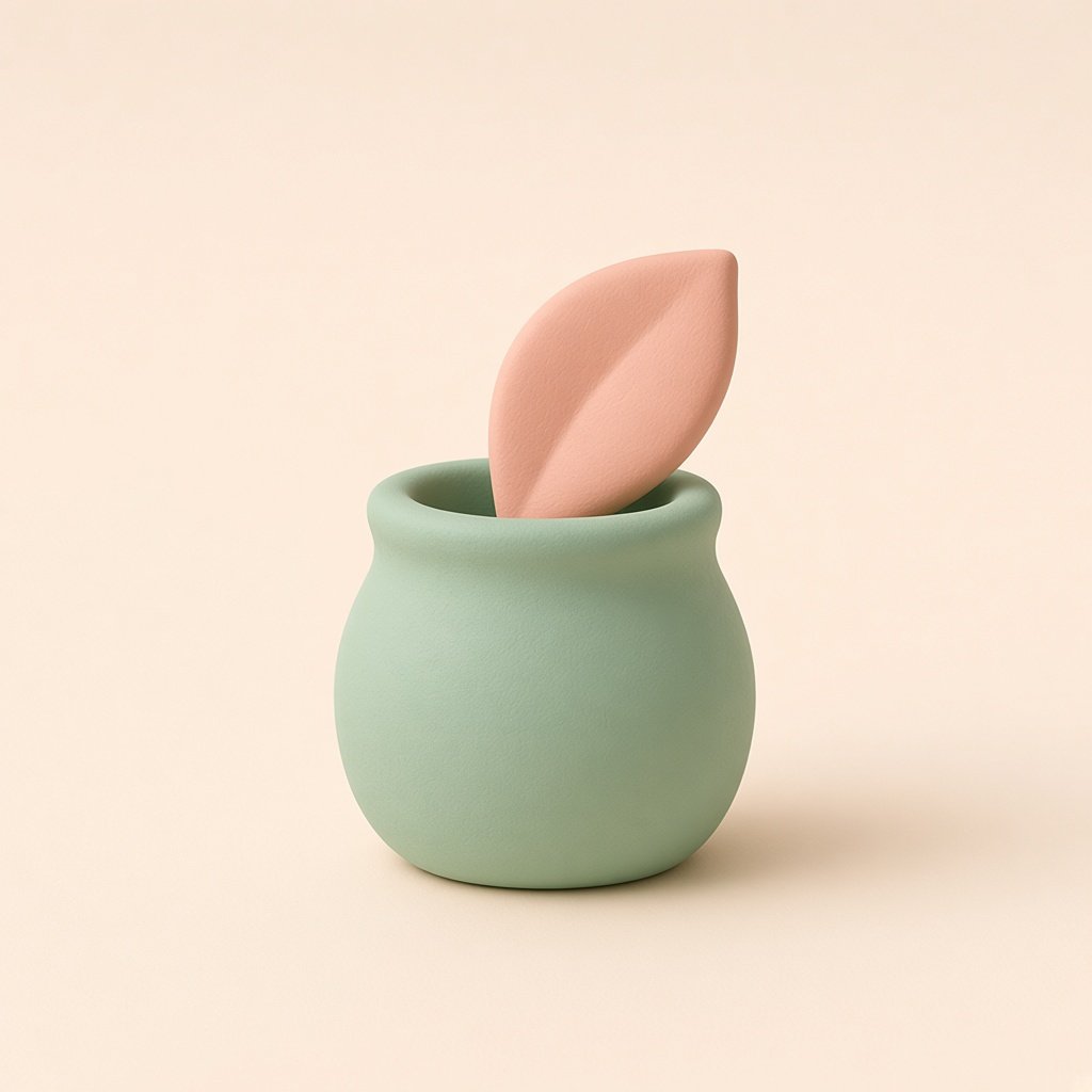 A mint clay pot with a peach leaf