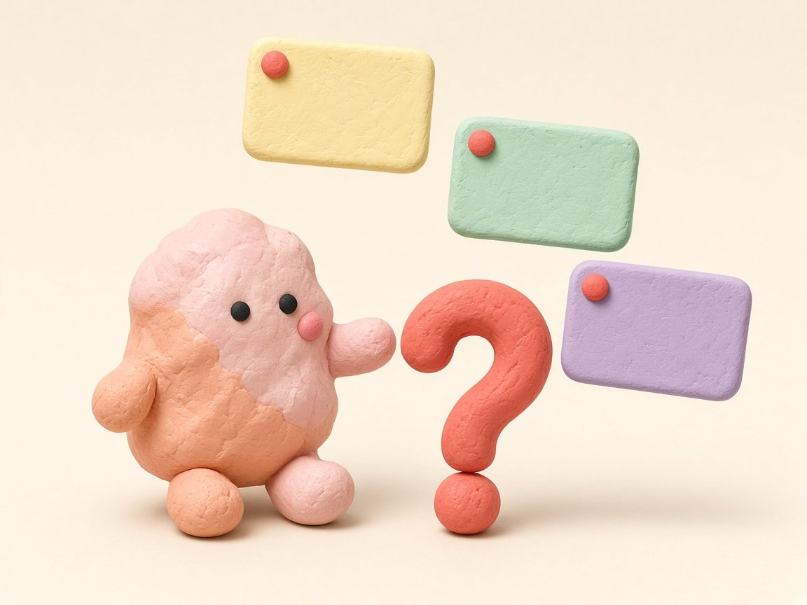 Clay character looking at a question mark and floating answer cards